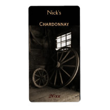 Old rustic wheels wine bottle label