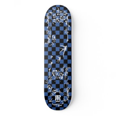 Old school tattoo scroll work and sparrows on a blue and black checker board 