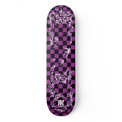 Classic tattoo graphics over a purple and black checker board pattern.