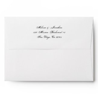 Old time distressed script return address wedding envelope