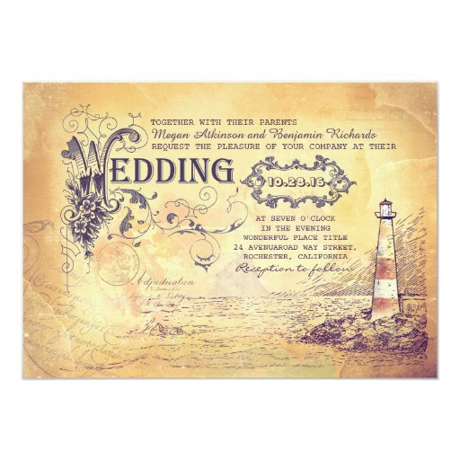 Old vintage lighthouse nautical wedding invites (front side)