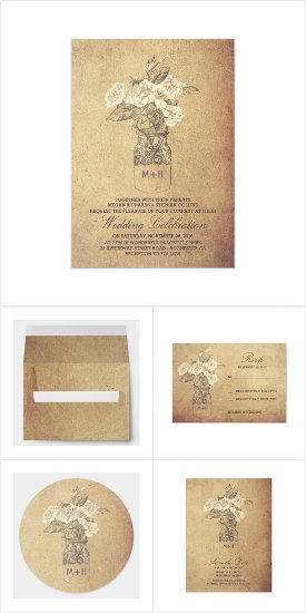 Old Vintage Mason Jar Rustic Wedding Invitation Coordinating Set Collection