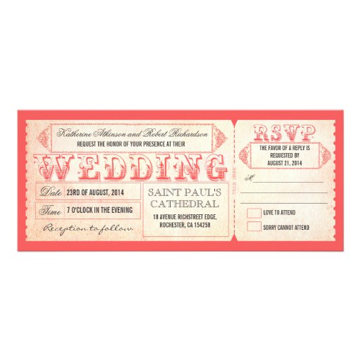 old vintage wedding invitations pink ticket & RSVP