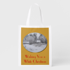 Old Well House in Snow Storm Reusable Grocery Bags