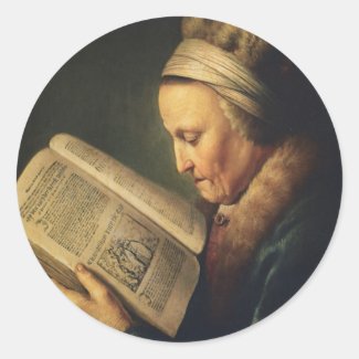 Old Woman Reading a Dictionary Classic Round Sticker