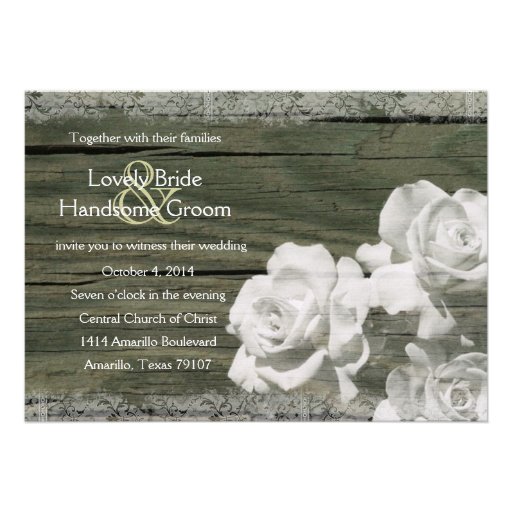 Old Wood White Ghost Roses Wedding Invitation