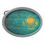 Old Wooden Kazakhstan Flag Oval Belt Buckles