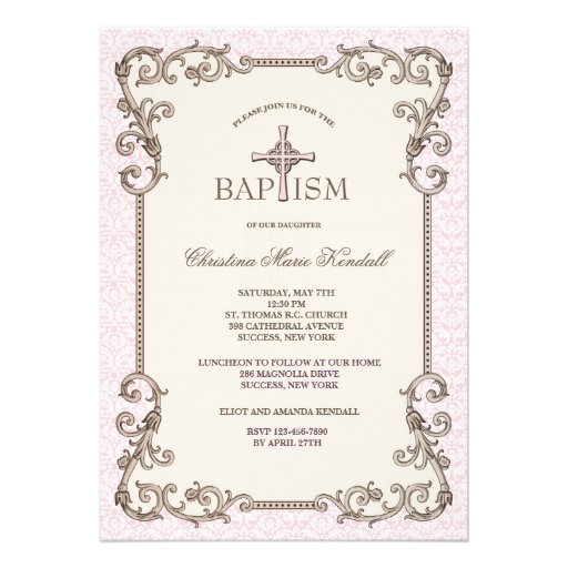 Old World Pink Baptism Invitation