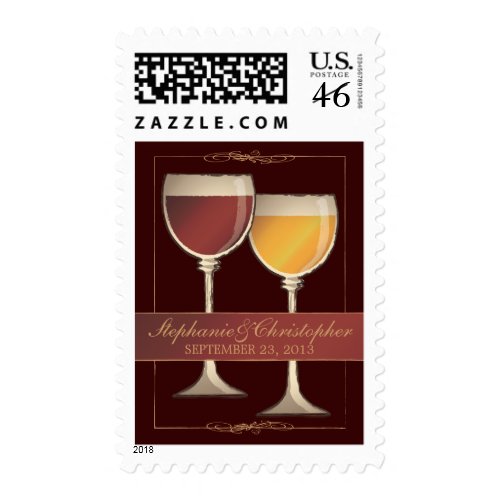 Old World Red & White Wine Glass Wedding Postage