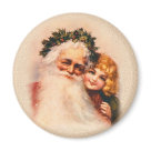 round_magnet - Victorian Santa Claus with little girl. Rich in detail and history. Santa has flowing beard and holly wreath on his head.: Sizes 