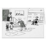 Older woman skips playing hopscotch with kids cards