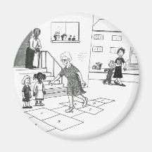 Older woman skips playing hopscotch with kids fridge magnets