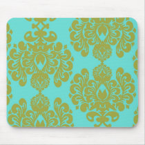 olive green and aqua blue fleur damask mousepad
