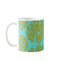olive green and aqua blue fleur damask coffee mug
