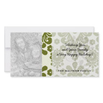 olive green and cream floral damask pattern customized photo card