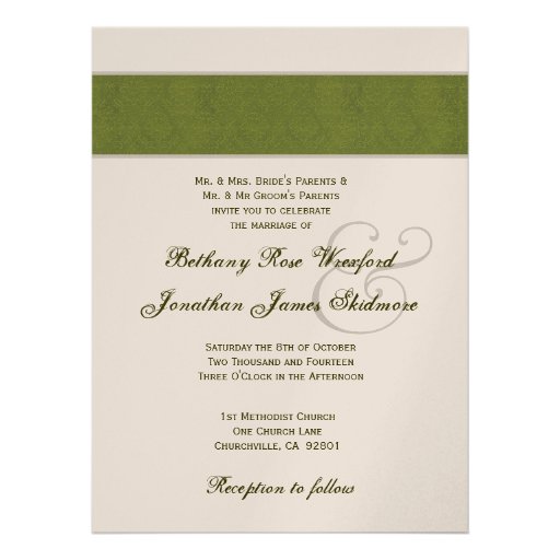 Olive Green Damask and Champagne Metallic Personalized Invite