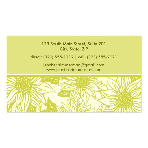 Olive Green Sunflowers Floral Business Card (back side)