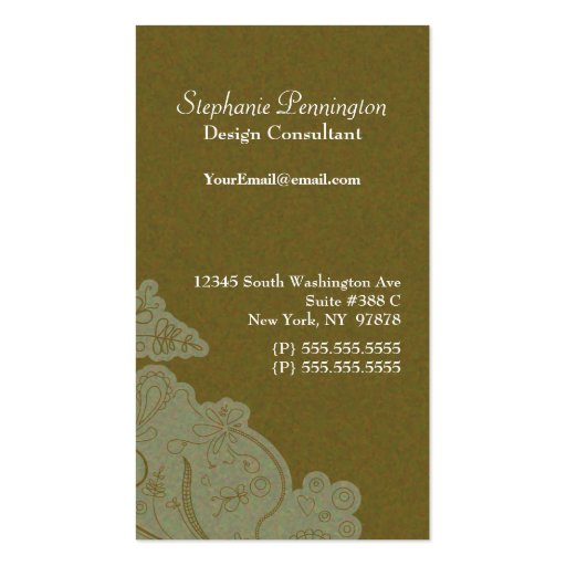 Olive green swirls interior designer business card (back side)