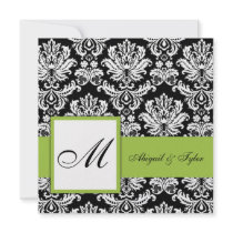 Olive Green Wedding Monogram Damask Invitation