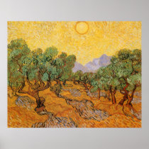 Olive Trees w Yellow Sky, Sun by Vincent van Gogh Poster