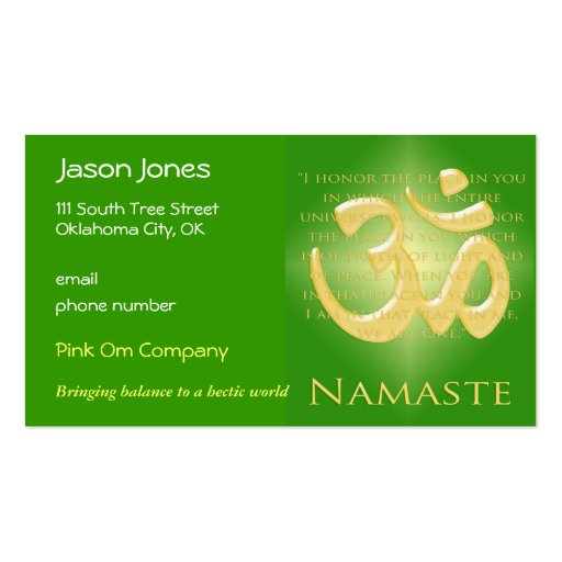 Om in Green & Gold - Namaste Business Cards (front side)