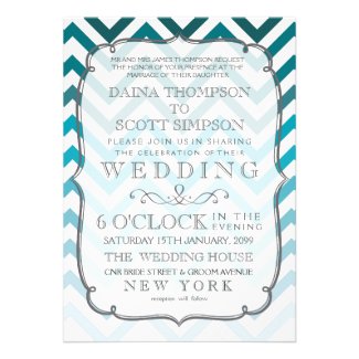 Ombre Blue Chevron Zig Zag Stripes Wedding Custom Announcements