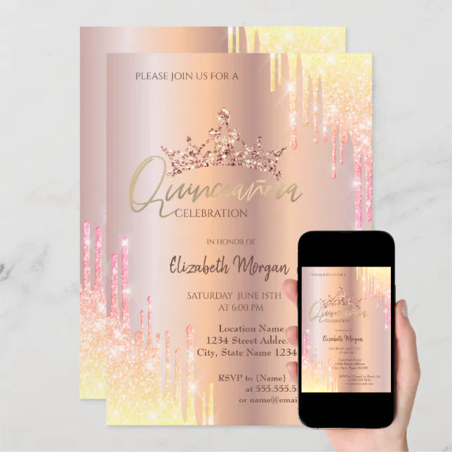 Ombre Glitter Drop Tiara Rose Gold Quinceañera Invitation Zazzle