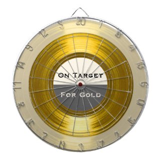 A dartboard with a golden record disk with On Target For Gold record label, for business and music industry