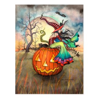 One Giant Pumpkin Halloween Witch Art Post Card