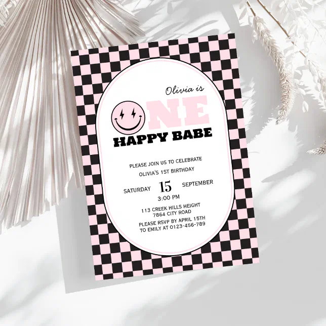 One Happy Babe Checkered Girl First Birthday Invitation Zazzle