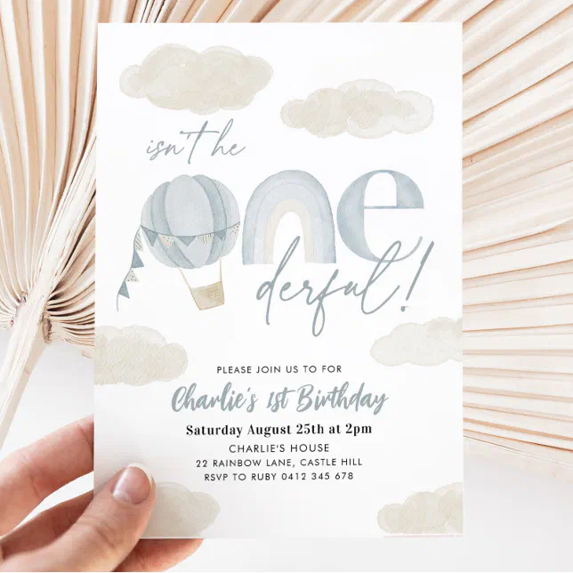 Onederful Hot Air Balloon Blue Boy 1st Birthday Invitation Zazzle