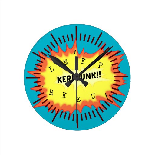 Onomatopoeia word kerplunk thinking loud noise round wall clocks Zazzle