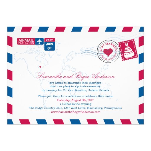 Ontario Canada Air Mail Post Wedding Reception Invites