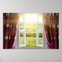 Open window with countryside view and sunlight str posters