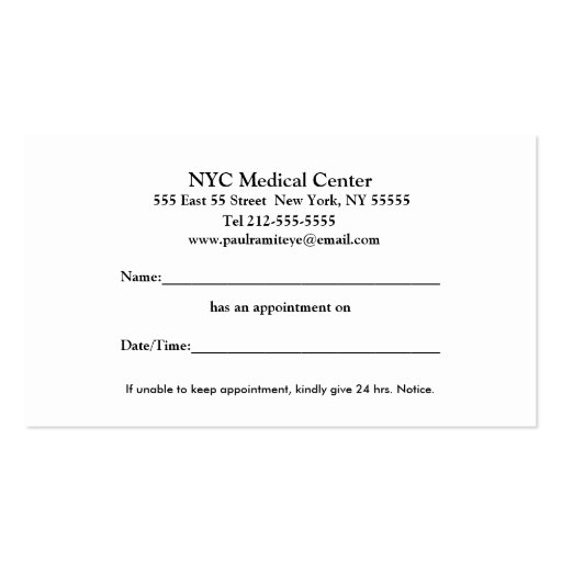 Ophthalmologist Appointment Business Card (back side)