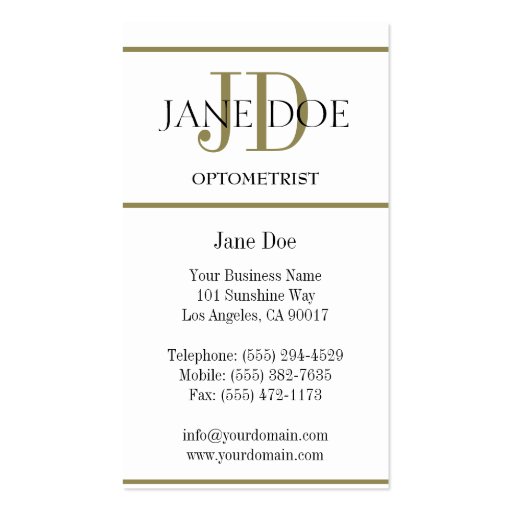 Optometrist Chart White/Gold Stripes Business Cards (back side)