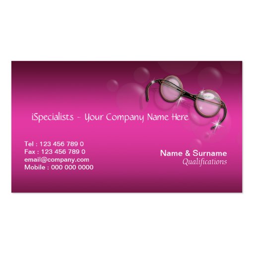 Optometrist optician pink stylish business card templates (front side)