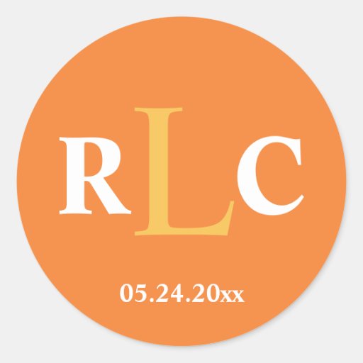 Orange 3 initial monogram label tag wedding favor round sticker