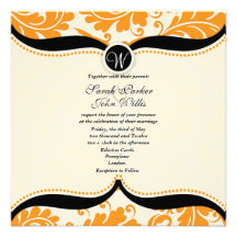 Orange and black damask Paisley Wedding Invite