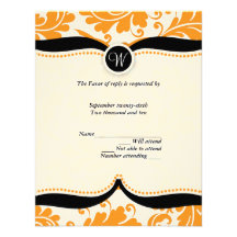Orange and black  damask Paisley Wedding RSVP Personalized Announcement
