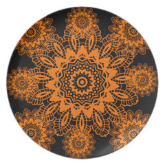 Orange and Black Lace Doily Snowflake Mandala Plate