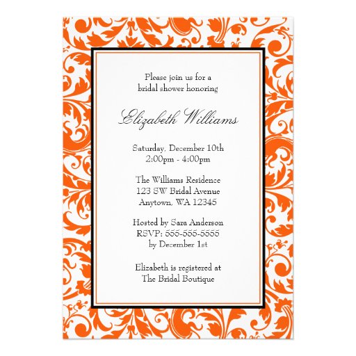 Orange and Black Swirl Damask Bridal Shower Custom Invitation