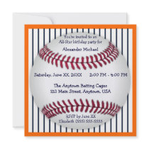 Orange And Blue Pinstripes Baseball Birthday Party Personalized Invite