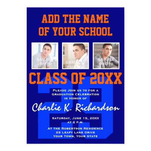 Orange and Blue Team Colors Sports Graduation Cards (front side)