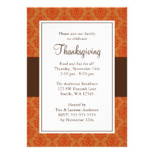 Orange and Brown Damask Thanksgiving Invitations