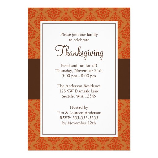 Orange and Brown Damask Thanksgiving Invitations (front side)