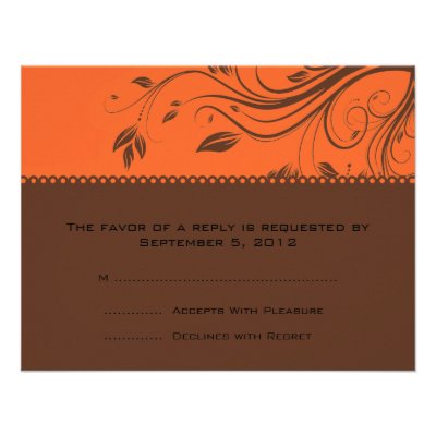 Orange and Brown Floral Swirls Wedding RSVP Custom Invitation