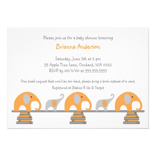 Orange and Gray elephants book baby shower invite