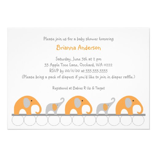 Orange and Gray elephants girl baby shower invite