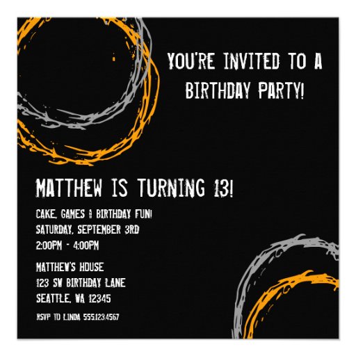 Orange and Gray Grunge Circles Boy Birthday Party Personalized Invites
